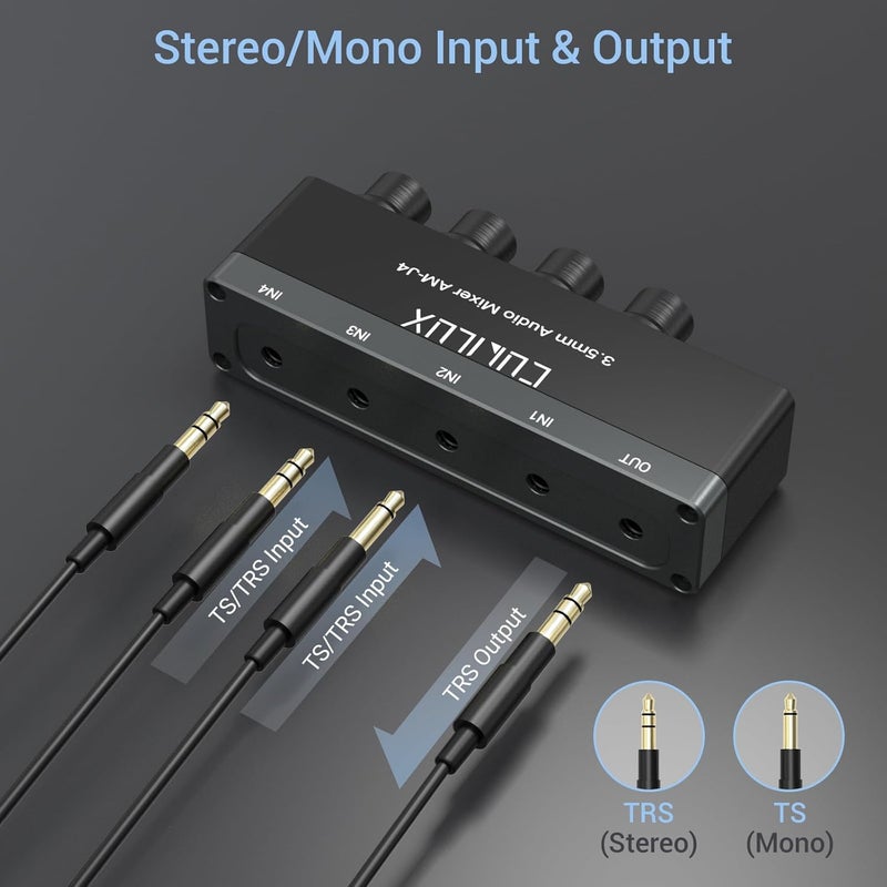 Cubilux 4-Channel 3.5mm Audio Mixer, Ultra-Low-Noise Mini Audio Mixer for Sub-Mixing, 1/8 TS/TRS Input, Stereo Switcher Suitable for Guitars, Bass, Keyboards - Image 5